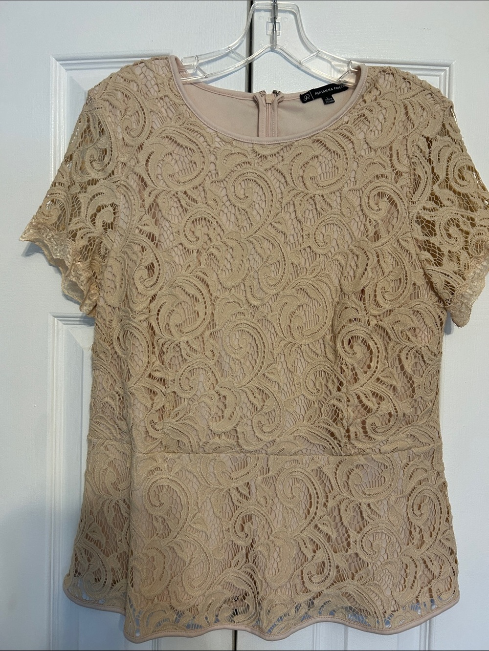 Adrianna Papell Tan Lace Peplum Short Sleeve Blouse